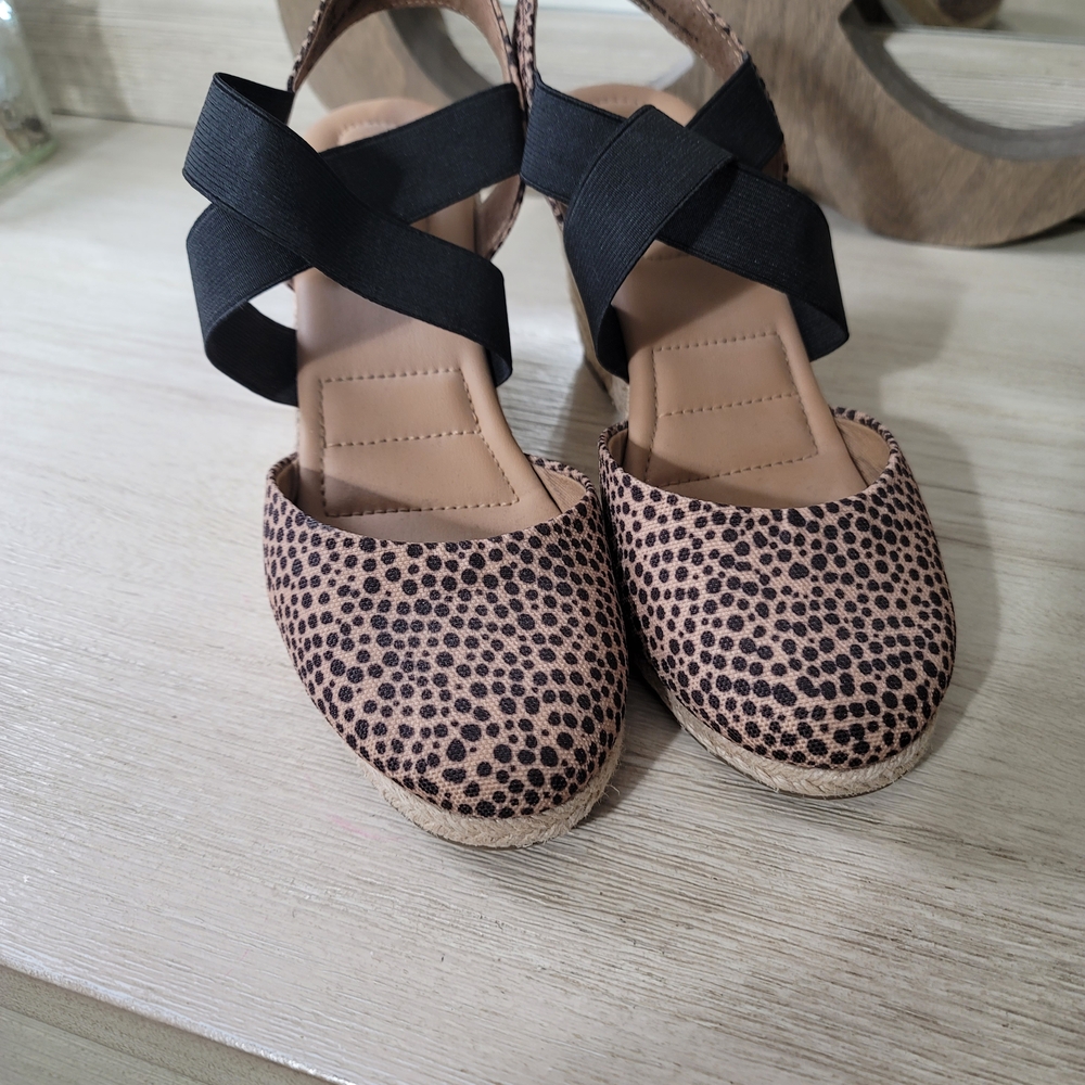 Leopard Print Espadrille Wedges with Black Straps